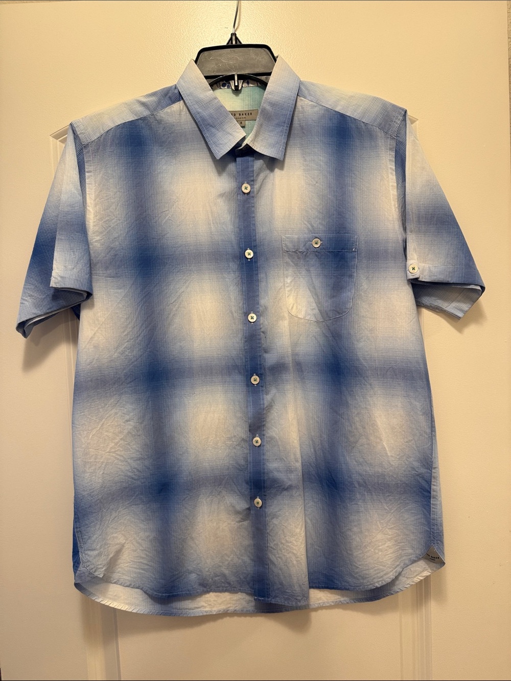 Ted Baker Blue and White Ombre Plaid Short-Sleeve Button-Down Shirt
